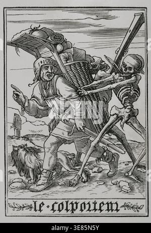 The Pedlar from "The Dance of Death", 1538, (1877). The Death is depicted visiting a peddler who walks around carrying all his wares to sell. Facsimile of an engraving belonging to the series "The Dance of Death" by Hans Holbein the Younger, in "Les Simulachres et Histoires facées de la Mort", 1538. From "Vie Militaire et Religieuse au Moyen Age et à l'Epoque de la Renaissance", Paris, 1877. Stock Photo