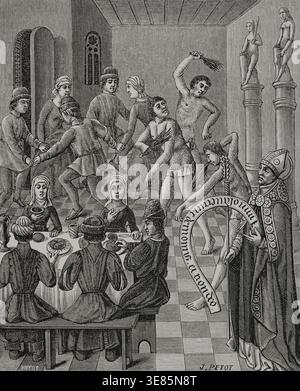 Heresy of the Flagellants, 15th century, (1877). The Flagellants. Heretical sect that arose in Italy in the 13th century. Their ideas were that salvation could be achieved by individual merit, without any intervention by the Catholic Church. It was also sufficient to take part in penitent processions to be absolved of sins. The Latin inscription on the standard carried by the Bishop of Hippo reads: "They sacrifice to the demon and not to God". After a miniature of "The City of God" by Saint Augustine, 15th century. From "Vie Militaire et Religieuse au Moyen Age et  Stock Photo
