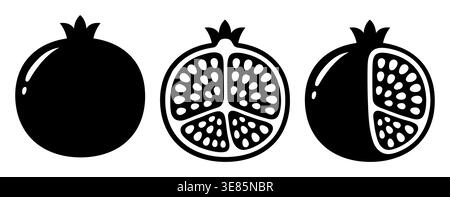 Pomegranate black and white drawing set. Whole pomegranate, cut in half, with skin peeled. Icon or logo, vector clipart illustration. Stock Vector