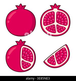 Pomegranate drawing set. Whole pomegranate, cut in half, with skin peeled and a wedge. Cartoon vector clipart illustration. Stock Vector