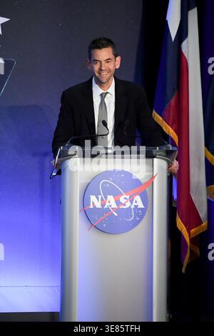 Houston, United States. 11th Apr, 2026. NASA Administrator Jared Isaacman addresses a crowd of friends, family, and colleagues assembled for the return of the Artemis II crew at Ellington Field of the Johnson Space Center, April 11, 2026, in Houston, Texas. The Artemis II crew of Astronauts Reid Wiseman, Victor Glover, Christina Koch and CSA astronaut Jeremy Hansen, safely completed their mission to the moon and back in the Orion spacecraft. Credit: Bill Stafford/NASA Photo/17�Թ����� Live News Stock Photo