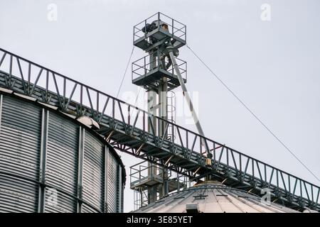View of the metallic grain elevator complex against a bright sky, showcasing industrial architecture and agricultural storage, Sremska Mitrovica, Vojv Stock Photo