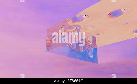 Colorful abstract 3D render of a transparent glass block floating over a soft purple gradient background, showing iridescent reflections, light distor Stock Photo