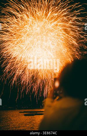 Brilliant golden fireworks explode across a dark night sky above calm water, creating a radiant celebration scene with sparkling trails and warm glow Stock Photo