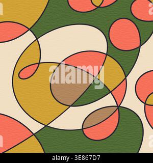Abstract geometric pattern with overlapping circles and curved lines in earthy green, mustard, coral and beige tones, creating a modern retro seamless Stock Photo