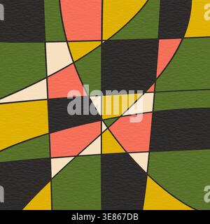 Abstract geometric pattern with curved lines and color blocks in green, yellow, coral, black and cream. Modern mosaic background with textured paper l Stock Photo