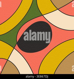 Abstract geometric pattern featuring curved arcs and a central black oval in warm mustard, coral, olive, and cream tones, forming a modern retro backg Stock Photo