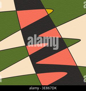 Abstract geometric pattern featuring a bold black zigzag band with coral triangles, olive green blocks and cream panels, forming a modern retro backgr Stock Photo