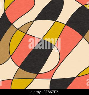 Abstract geometric pattern with looping curves and bold color blocks in black, cream, coral and mustard. Mid-century modern style background for wallp Stock Photo