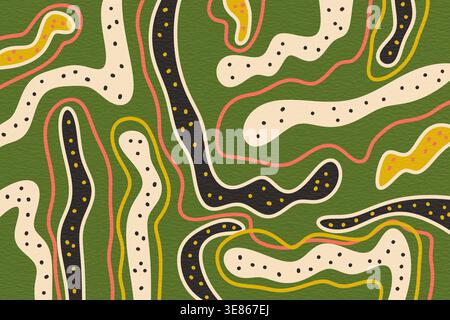 Abstract organic pattern illustration with wavy, biomorphic shapes, dotted textures and layered outlines in earthy green, cream, black and ochre for m Stock Photo