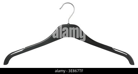 black plastic clothes hanger with silver metal hook isolated white background, contoured frame with textured non-slip shoulder inserts Stock Photo