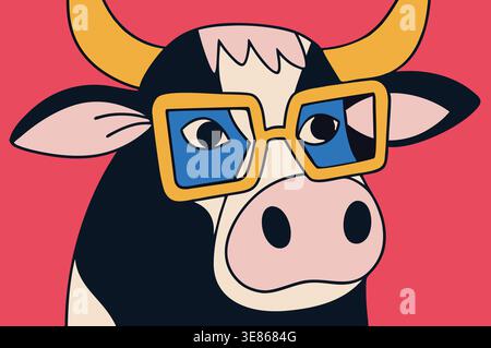 A cow wearing large glasses stands out against a bright pink background. The cow has a cartoonish style and playful expression. This design uses simpl Stock Photo