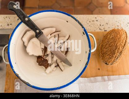 Fresh coconut pieces in a white bowl with a knife, set on a kitchen countertop. A whole coconut rests nearby, highlighting a tropical Caribbean ambian Stock Photo