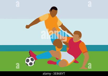 Two players are on a grassy soccer field. One player in orange and blue is tackling the other player in red. The setting is sunny with water visible i Stock Photo