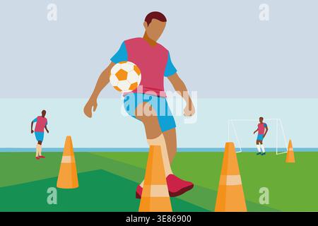 Players are practicing soccer skills on a field with cones set up for training drills. The sun shines on the green grass as the players focus on their Stock Photo