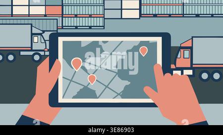 Two hands hold a tablet showing a map with locations marked. In the background, trucks are lined up near shipping containers at a busy port during the Stock Photo