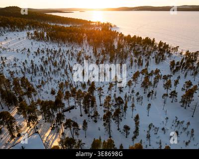 Drone aerial of a snow-covered pine forest beside a frozen lake at golden sunrise in Finland, long shadows stretching across the winter landscape in c Stock Photo