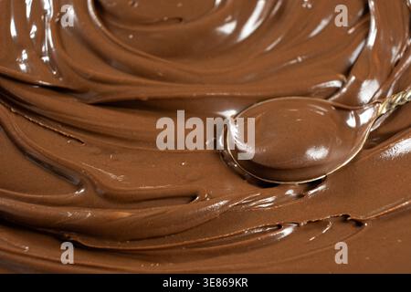 Macro shot of glossy delicious cocoa nut butter on spoon. Stock Photo
