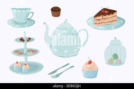 Vector seamless pattern with teapots, mugs and pastries. Cozy tea set. Tea time Stock Vector