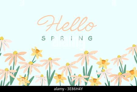 Horizontal banner featuring a vibrant border of hand-drawn spring flowers like daisies and on a soft blue background in a flat vector style. Stock Vector