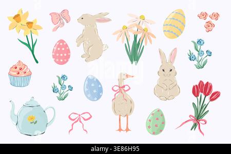 Whimsical hand drawn Easter illustration set with sketchy farm animal, decorative eggs, bow and spring flower elements in naive doodle style with Stock Vector