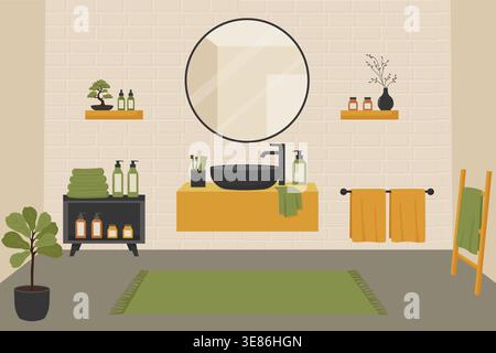 Modern Japandi bathroom interior with washbasin and round mirror vector illustration. Stock Vector