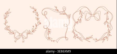 Coquette flower and ribbon frames set. Vector illustration of whimsical pink line borders decorated with floral design elements and bows, vintage style wedding invitation decor, elegant girly wreath Stock Vector