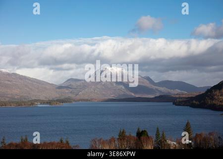 Slioch above Loch Maree in winter sunshine, Wester Ross, Scottish Highlands, Scotland, UK Stock Photo