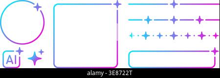 AI gradient icon, frame, dividers set. Artificial intelligence neon border. Technology box with blue and pink gradient. Neural network design element Stock Vector