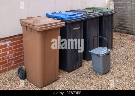 Recycling & waste bins. Suffolk, UK. Brown - garden waste, blue - containers, black - general rubbish, green - paper & card, grey caddy - food waste. Stock Photo