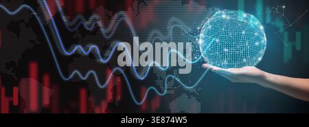 Collection of Data Visualization and Technology Concepts Showing Hand Holding Digital Globe Stock Photo