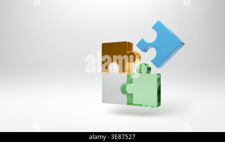 Four puzzles connect together. Golden, glass and plastic blue white 3d pieces. Missing item solve problem. Jigsaw project for community teamwork, buil Stock Vector