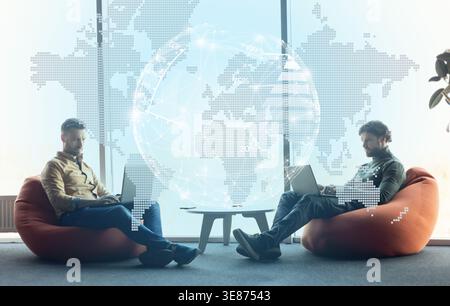 Collage of Two People Working on Laptops With a World Map in a Modern Office Setting Stock Photo