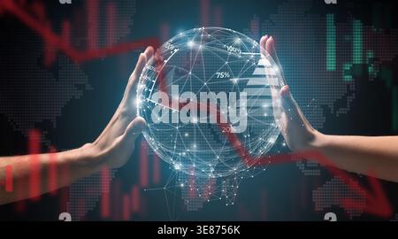 Hands Holding a Glowing Globe in a Digital World With Analytics and Graphs Displayed Around Stock Photo