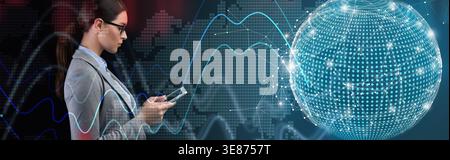 Collage of a Businesswoman Using a Smartphone With a Mosaic of Digital Data in the Background Stock Photo