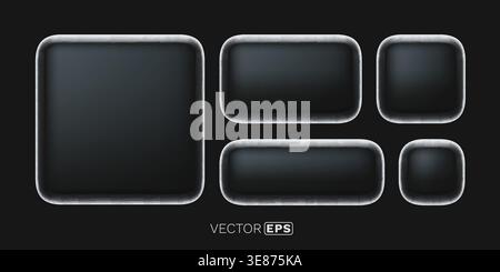 Sleek collection of dark glossy buttons and app icons with rounded corners and glowing borders, ideal for modern UI design. Vector illustration Stock Vector