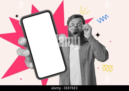Man Holds Smartphone With Surprise in a Colorful Collage Background Featuring Abstract Shapes Stock Photo