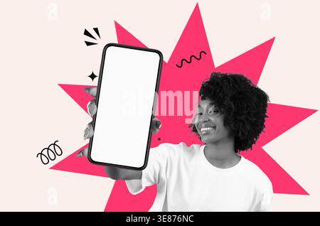 Woman Shows Smartphone in Collage With Bright Background and Graphic Elements Stock Photo