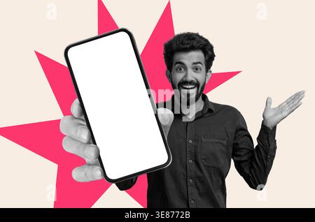 Man Holds Smartphone and Smiles While Showing a Blank Screen in a Colorful Collage Background Stock Photo