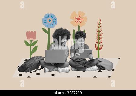 Children Engaged in Creative Learning With Laptops and a Tablet in a Colorful Setting Stock Photo