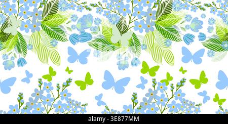 Seamless background with butterflies and blue flowers. Hand drawn. Not AI, vector illustration. Stock Vector