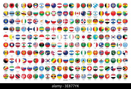 Collection of world country flags in circular icon format isolated background Stock Vector