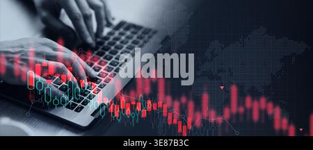Collage Showing Hands on Keyboard With Data Charts and World Map in Background Stock Photo