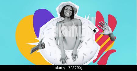 Joyful Millennial Black Lady in Swimsuit Poses With Inflatable Ring on Blue Background Stock Photo