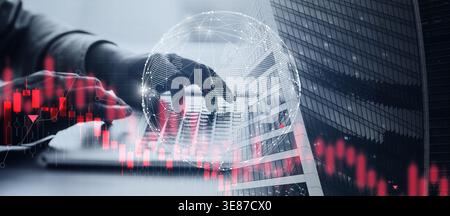 Digital Finance Growth as a Hand Works on a Computer Keyboard Near Market Data in a Collage Stock Photo