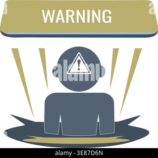 Conceptual illustration of a WARNING button pressing on a person, representing fear-based control, threat signaling and psychological pressure in mode Stock Vector