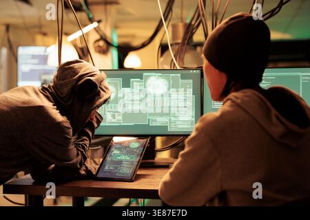 Access granted, successful database hacking, criminal cracking password on digital tablet. Cyberattack, internet thieves stealing electronic information, data breach, malicious software Stock Photo