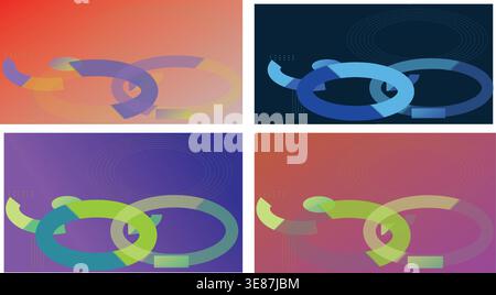 Abstract overlapping circular arrows in four colorful gradient panels, representing continuous cycles, interconnected processes, and dynamic flow. Stock Vector