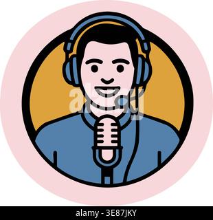 Smiling Male Podcaster or Radio Host with Headset and Microphone - Flat Vector Icon Stock Vector