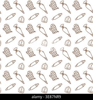 Seamless pattern with oven mitts, piping bags, rolling pins and kitchen timers on white background. Minimal brown outline vector print.  Stock Vector